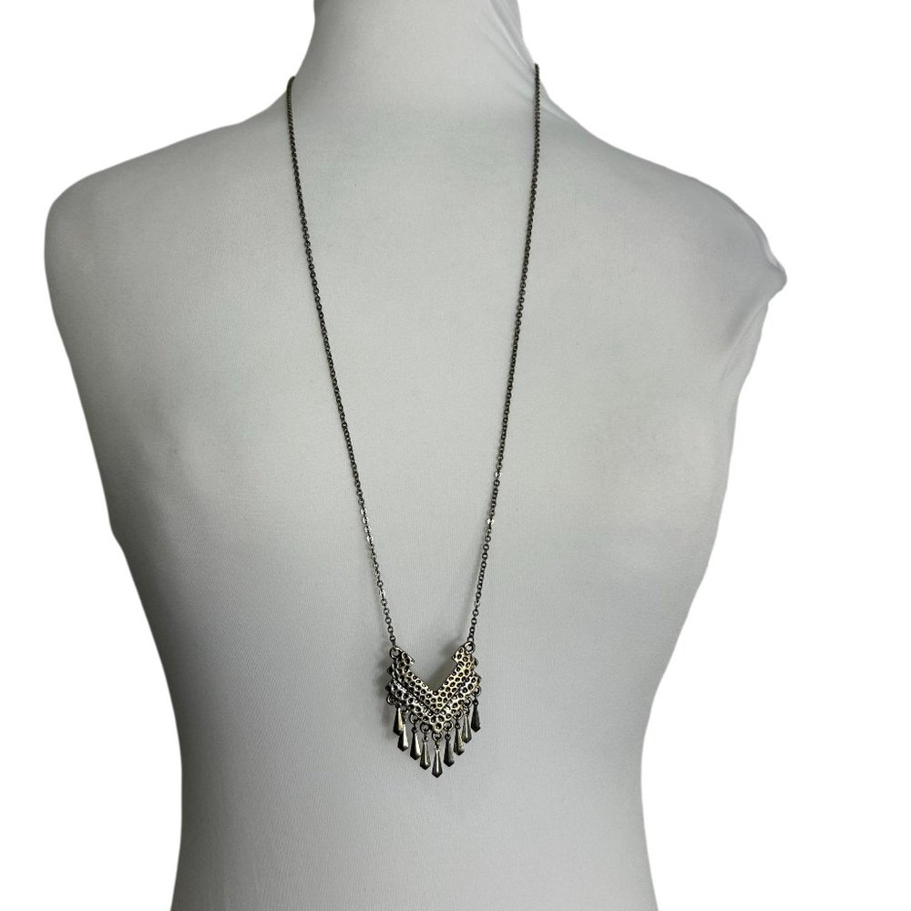 Silver Tone Necklace Textured Dangled Pendant Statement 29-31" Long